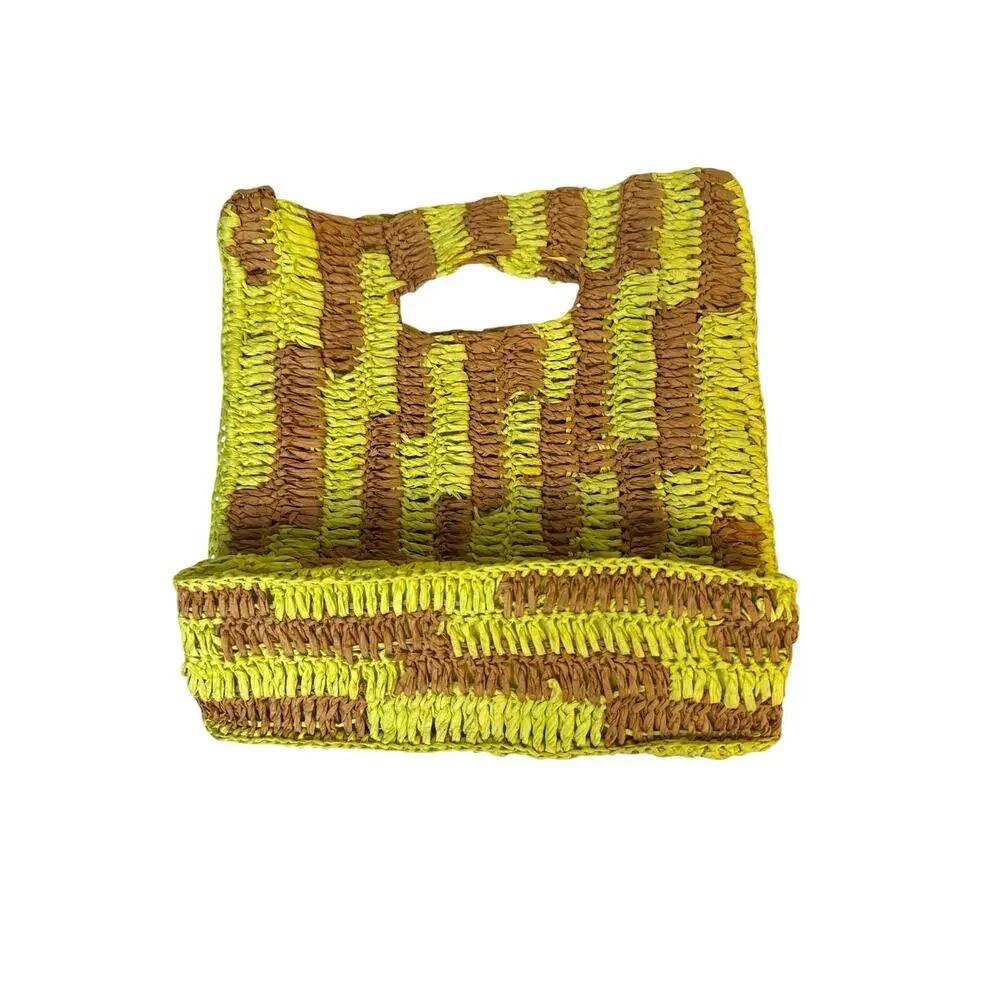 Free People Raffia Woven Tote Bag Yellow Tan Striped Boho Beach